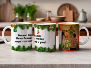 Коледна чаша със снимка и пожелание в зелен празничен дизайн