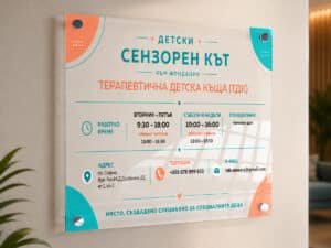 Табела от прозрачен плексиглас с дистанционери, монтирана на стена