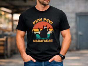 мъжка черна тениска с котка pew pew