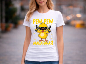 дамска бяла тениска pew pew madafakas с пиленце и слънчеви очила