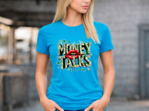 синя дамска тениска с принт Money Talks