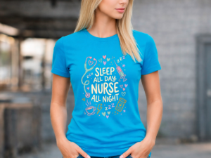 дамска синя тениска nurse all night дизайн за медицинска сестра