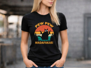 дамска черна тениска с котка pew pew