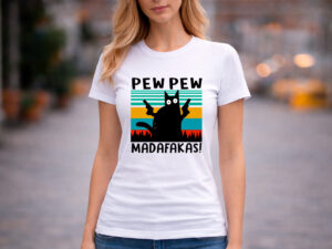 дамска бяла тениска с котка pew pew