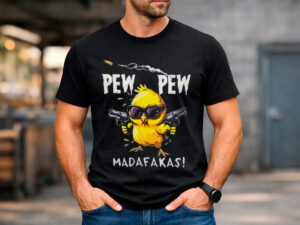 мъжка черна тениска с пиленце pew pew madafakas