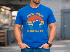 мъжка синя тениска с котка pew pew