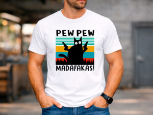 мъжка бяла тениска с котка pew pew