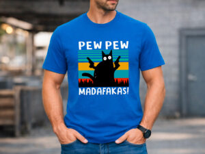 мъжка синя тениска с котка pew pew
