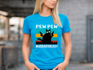 дамска синя тениска с котка pew pew