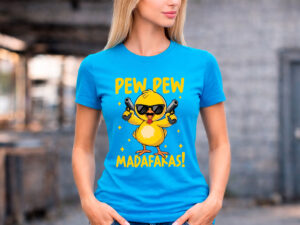 дамска синя тениска pew pew madafakas с пиленце и слънчеви очила