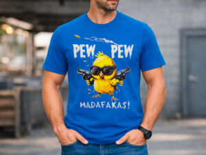 мъжка синя тениска pew pew madafakas с пиленце и слънчеви очила