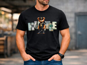 Черна мъжка тениска Bear Hustle с принт на мече и надпис HUSTLE