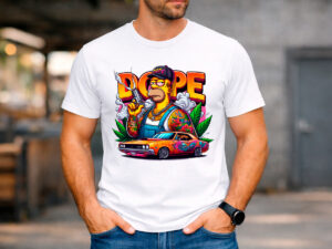 Детайлен изглед на цветния принт Homer Simpson върху тениска