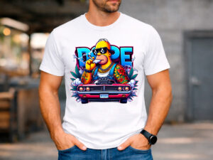 Мъжка бяла тениска с Homer Simpson DOPE дизайн отпред и DTF печат