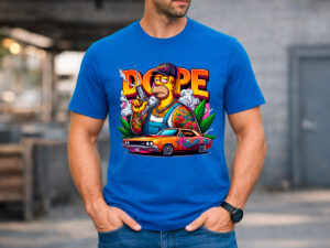 Мъж носи синя тениска с Homer Simpson DOPE принт